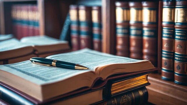 Open law book with pen resting on pages in a library setting with shelves of classic bound volumes and academic reference literature