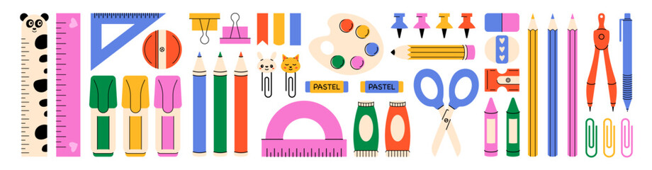 School stationery set. Supplies for studying, back to school elements pen, ruler, pencil, crayon, scissors, paints, cartoon kids stickers, flat school clipart. Vector collection