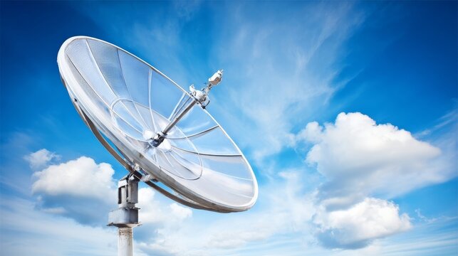 A large parabolic dish antenna stands against a vibrant blue sky with scattered white clouds,