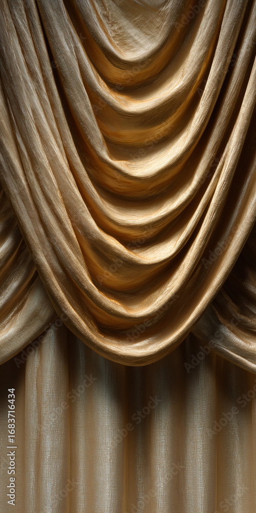 Poster Elegant draping curtains with a luxurious texture. The golden color adds a touch of opulence to the image