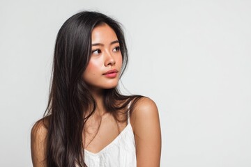 Fototapeta premium Beauty photography of young asian female model with silky long straight hair glossy healthy style natural makeup with pink lips in sleeveless top minimal white background