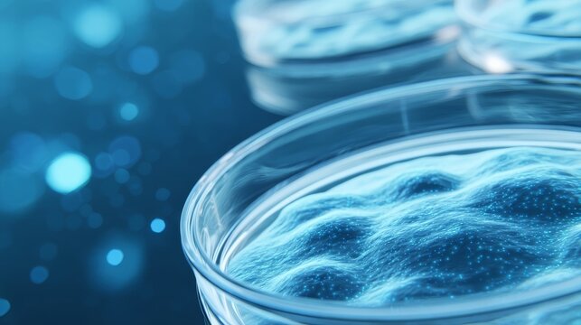 Several petri dishes containing growth medium with broth or growth factor solution,