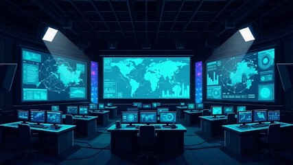 Futuristic cybersecurity command center with global data maps and monitoring workstations. - Powered by Adobe