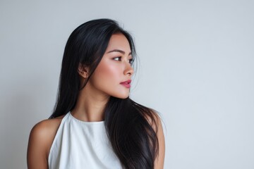Fototapeta premium High resolution beauty photography of young asian woman with glossy long straight hair natural makeup pink lips and white sleeveless clothing against bright minimal studio