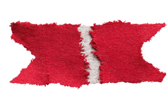 A ripped, fabric tag or banner.  Two crimson panels meet in the center, bisected by a ragged white seam