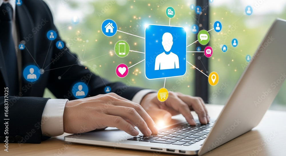 Poster businessman using a laptop with a network of social media and communication icons connecting to a ce
