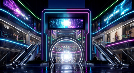 Obraz premium Modern shopping mall with futuristic neon lights and escalators at night time