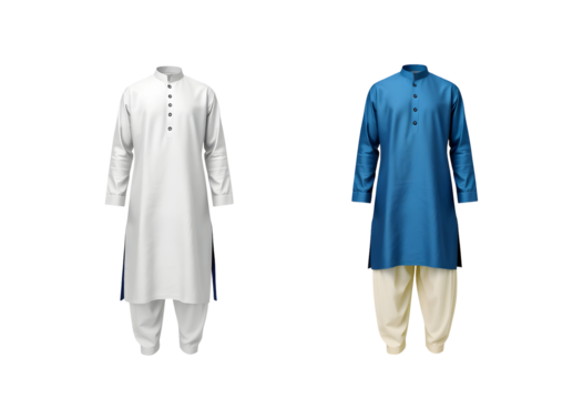 Traditional Indian Kurta Pajama Set in White and Blue for Men