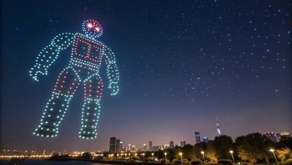 Night Sky Drone Light Show Forming Giant Robot Shape Above City Skyline Futuristic