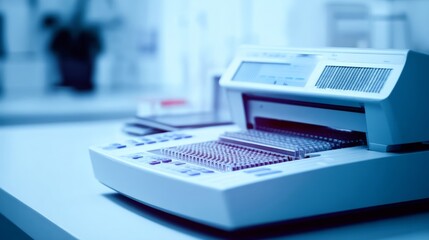 A laboratory centrifuge with white casing and digital display holds test tubes ready for use,