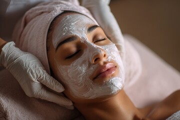 Tranquil spa room with female client resting eyes closed while beautician applies nourishing face mask under gentle lighting wellness and skin care beauty treatment