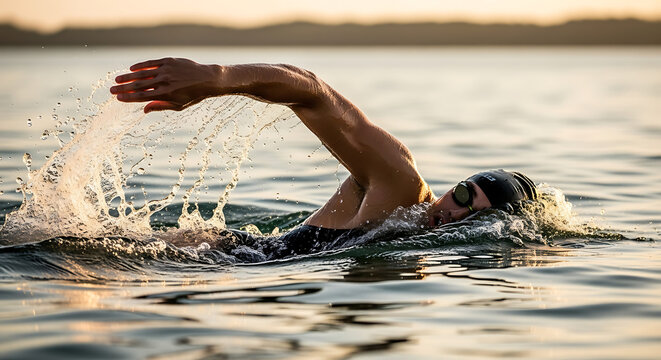 A swimmer in open water with a cap and goggles performing a freestyle stroke creating water spray