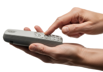 Close-up of weathered, aged hands gently holding a feature phone, one thumb pressing a button against a pure transparent background with copy space, nostalgic exploration of legacy technology