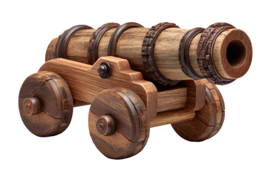 Detailed wooden model of an antique cannon.  Ornate, decorative bands encircle the cannon barrel, and the wheels are intricately carved.  Dark, rich wood tones.  Isolated on a black background