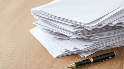 Stack of white papers and black pen on wooden desk, symbolizing business challenges, potential closure, and financial struggles. image evokes thoughts of bankruptcy and unemployment