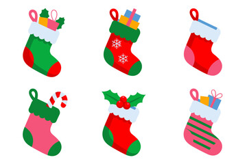 Festive holiday socks vector set, Christmas stockings with decorative gifts, cheerful seasonal illustration collection, holiday celebration graphics, winter packaging design elements
