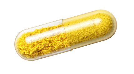 A translucent yellow pill capsule, filled with granular yellow powder