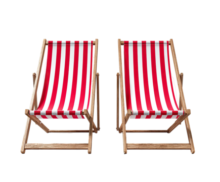 Two red and white striped beach chairs, side-by-side, on a black background.  Wooden frames.  Relaxation, summer, vacation