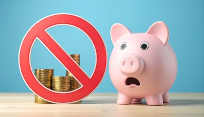 Surprised pink piggy bank beside gold coins blocked by red prohibition symbol on blue background