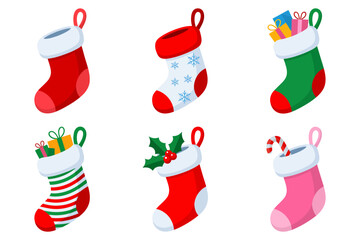 Festive holiday stockings vector illustration set, Christmas sock designs with gifts, colorful seasonal hanging decorations, cheerful celebration graphics