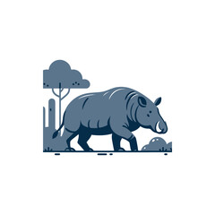 A solitary rhinoceros walking through a serene landscape with trees and bushes in the background