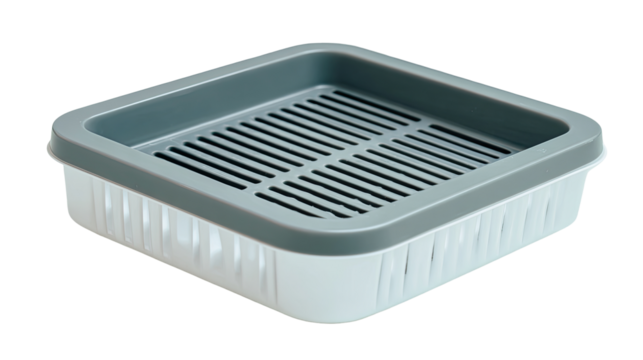 Square, light-gray plastic container with a dark-gray plastic rim and a perforated inner grid