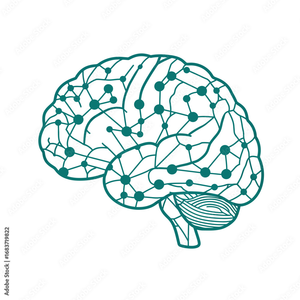 Poster brain illustration showcasing neural networks and cognitive functions, representing intelligence, th