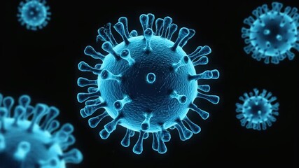 A 3D medical illustration of blue coronavirus cells - Powered by Adobe