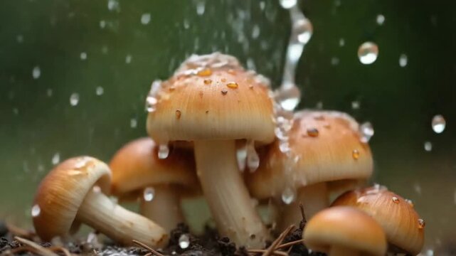 Super slow motion on fresh mushrooms pours water. Macro background. Filmed on a high-speed camera at 1000 fps.High quality FullHD footage