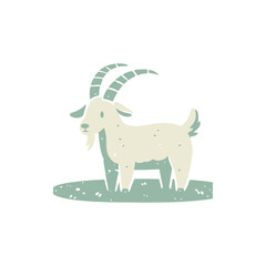 A whimsical illustration of a goat standing on green grass with a simple background
