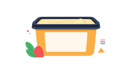 Yellow butter spread in a rectangular plastic container with a dark blue lid and blank label for text