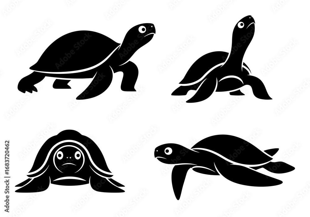 Poster Four turtle vector illustrations showing different poses and perspectives in a flat and graphic style