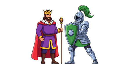 Fototapeta premium Cartoon depiction of a king with a scepter and a knight holding a shield standing together