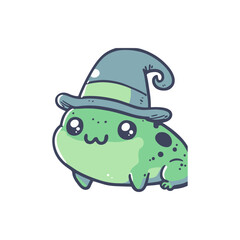 Adorable cartoon frog wearing a wizard hat, set against a simple white background, ideal for children's illustrations
