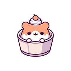 Adorable cartoon hamster peeking from a dessert cup topped with whipped cream and cherry