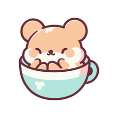 Adorable cartoon bear character sitting in a pastel-colored cup, surrounded by a soft background