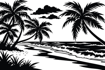 Silhouette of a tropical beach scene with palm trees and waves