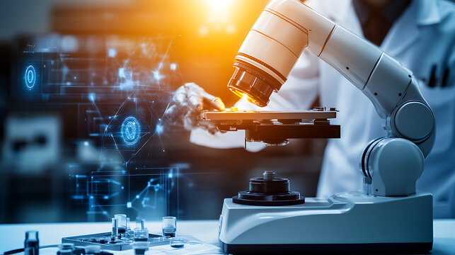 Scientist Analyzing Sample Under Microscope with Digital Overlay