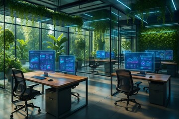 Futuristic green office with advanced technology and lush indoor plants