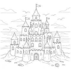 Detailed line drawing of a majestic sandcastle near the ocean with birds and clouds in the sky above it