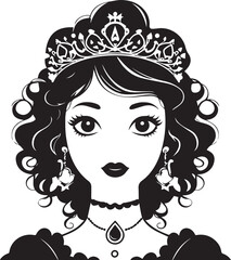 Elegant princess portrait wearing crown, earrings, necklace, and curls on white background