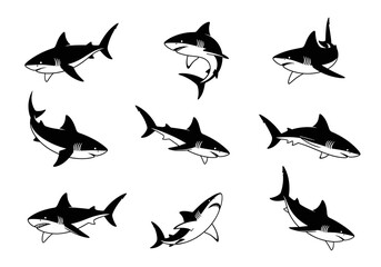 Fototapeta premium Nine shark illustrations displayed in a grid pattern with varying poses and orientations shown here