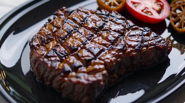The steak sits on a black plate, with the steak glistening under light. Juicy textures on the steak mingle with sauce, creating an appetizing grilled appearance.