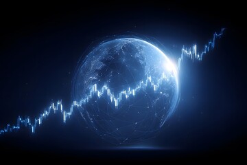 A stock market graph with an upward trend on the background of planet Earth, in a blue color theme, 