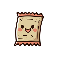 Cartoon-style snack wrapper with a smiling face, set against a plain white background