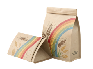 Realistic 3 D Render of Two Kraft Paper Bags Featuring a Pastel Rainbow and Wheat Design isolated on a transparent background