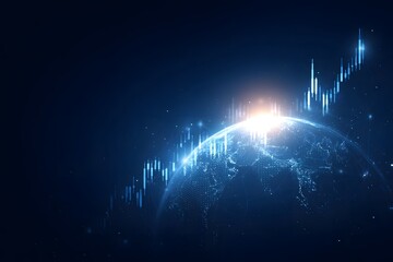 A stock market graph with an upward trend on the background of planet Earth, in a blue color theme, 