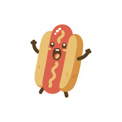 Cheerful cartoon hot dog character celebrating with arms raised, set against a plain white background
