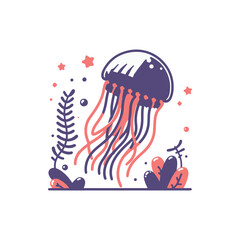 Colorful jellyfish swimming gracefully among vibrant underwater plants and stars