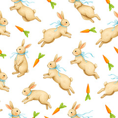 Charming watercolor seamless pattern of playful rabbits and carrots on a white background for easter celebrations